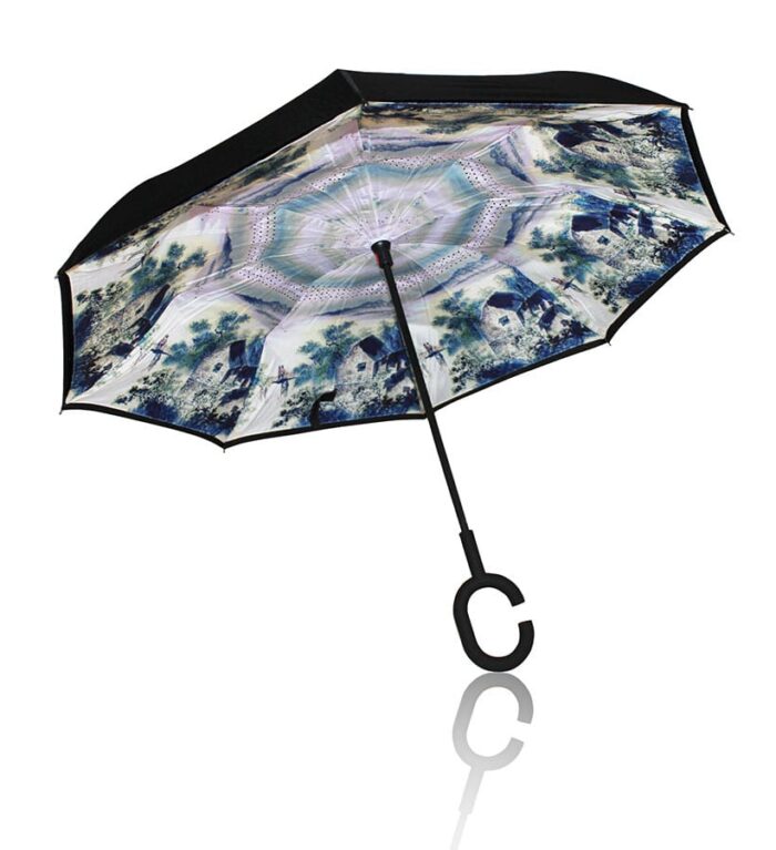 Paraguas reversible antiviento de paisaje bucólico en tonos azules frios de invierno